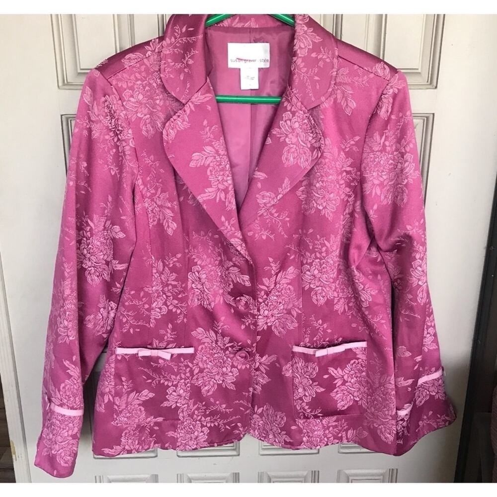 Susan Graver SzL Blazer Pink Silky Brocade Beautiflu Ribbon Embellishment Lined